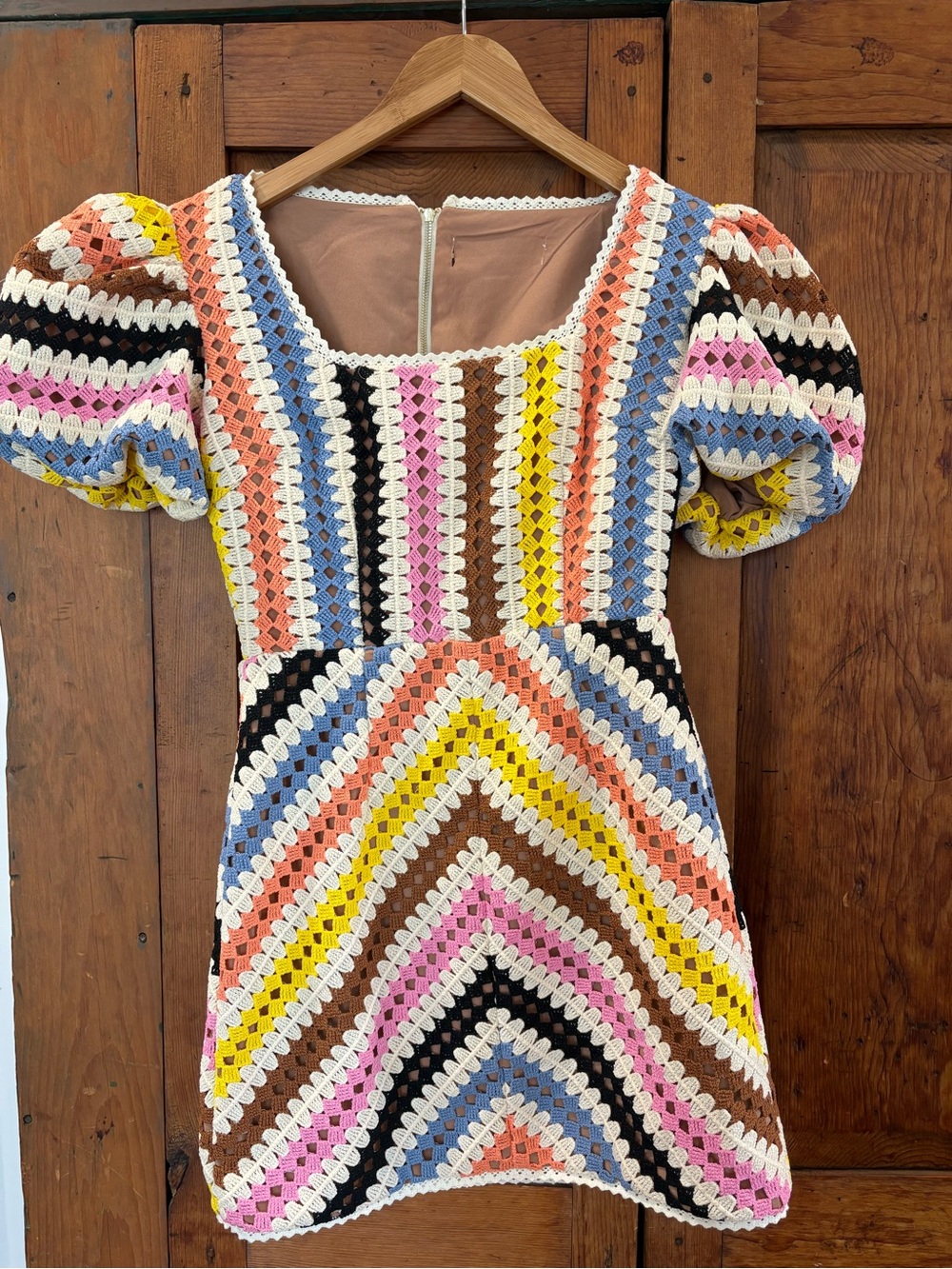 Elliatt Multicolor Crochet Puff-Sleeve Dress